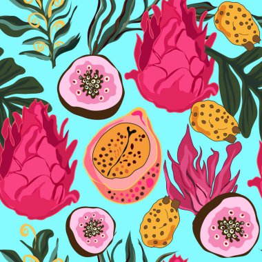 Kesilmiş tropikal meyveli pitaya ve orman temalı kusursuz vektör tekrarı deseni bırakır. Tropikal meyvesiz vektör tekrarlama kalıbı. Döşeme, kumaş, tekstil, dekorasyon ve ambalaj için elverişli.