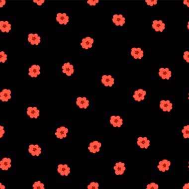 Kırmızı güller siyah arka planda saçılmış, pürüzsüz desen. Kırmızı renkli küçük çiçekler. Çiçek yüzeyi. Tekrar et..