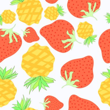 Çilek ve ananas dikişsiz vektör deseni. Çilekler ve küçük şirin ananaslar.