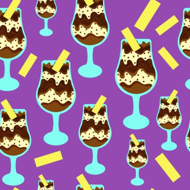 Çikolata ve kurabiyesiz vanilyalı dondurma. Çikolata ve vanilyalı karamelli dondurma bardağı kusursuz vektör kalıbı.