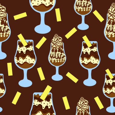 Gözlemeli çikolatalı dondurma, kusursuz vektör tekrarı. Vanilyalı dondurma ve gözlemeli çikolata. Kusursuz vektör tekrarı.