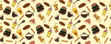 Kahve dükkanının ürünleri kusursuz vektör desenli. Burger, fincan, kalem, kurabiye, karamela, kaşık, meyve suyu, kahve ve daha bir sürü şey dahil. Kumaş, önlük, tekstil ve daha fazlası için uygun.