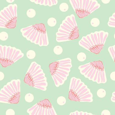 Şirin inciler ve istiridye kabukları dikişsiz desen. Mavi arka planda dikişsiz desenli incili istiridye deniz kabukları. Tekstil, kumaş, dekorasyon, ambalaj ve basılabilir için uygundur..