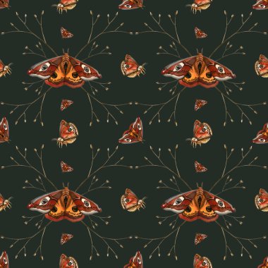 Butterfly with twig. Saturnia seamless pattern. Elegant beautiful symmetric different moths, dark background. Good for fabric, background, tablecloth, bedclothes, wrapping, print, seasonal decor. clipart