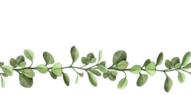 Taze yeşil bahar çiçekli, dallı ve yapraklı dikişsiz pankart. El boyası suluboya şablon. Botanik düzeniyle sınır. Mevsimsel dekor için mükemmel.