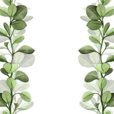 Taze yapraklar ve bahar dalları ile sınırsız yeşil çiçek kare şablonu. Parlak suluboya arka plan - botanik bordürü. Mevsimlik düzenleme için mükemmel, yeşillik temaları, düğün, Paskalya.