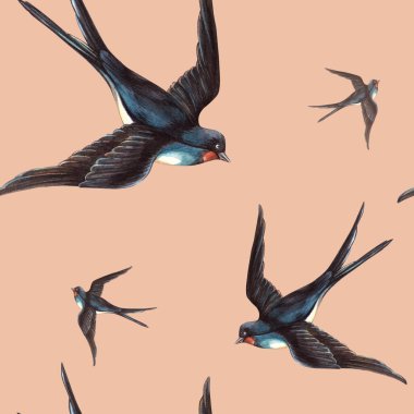 Kırlangıç kuşları ile moka bej renginde pürüzsüz desen. Sonu gelmeyen suluboya kumaş. Retro ambalaj kağıdı, mevsimlik düzenleme.