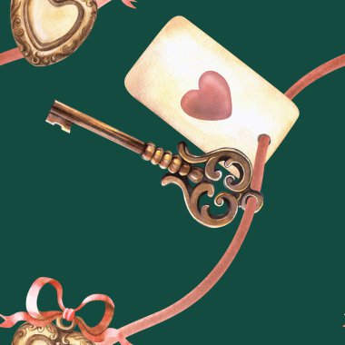 Altın kalp kolyesi, kırmızı fiyonk, aşk kartı ve eski anahtarlı kurdele. Suluboya retro arka plan. Aşkın, sırrın ve hafızanın sembolleri. Sevgililer Günü Dekorasyonu, paket.