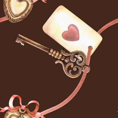 Koyu kahverengi, pürüzsüz eski model. Altın kalp kolyesi, kırmızı kurdele, aşk kartı, eski anahtar. Elle çizilmiş suluboya mahsulü. Romantik semboller. Sevgililer Günü arkaplanı, paketleme.