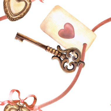 Altın kalp kolyesi, kırmızı fiyonk, aşk kartı ve eski anahtarlı kurdele. Suluboya vintage baskı. Aşkın sembolleri. Sevgililer Günü dekorasyonu, şık bir arka plan, paketleme..