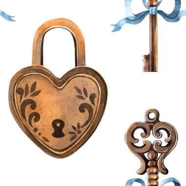Zarif, pürüzsüz bronz desenli kilit kalp ve anahtar mavi fiyonklu antika suluboya arka plan romantik tasarımı sevgililer günü dekorasyonu, kumaşları, ambalajı için mükemmel doku..