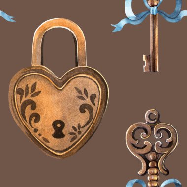 Moka arka planında mavi fiyonklu bronz kilit kalp ve anahtar ile şık, klasik, dikişsiz desenli Retro suluboya arka planda romantik tasarım Sevgililer Günü dekorasyonu, kumaşları, ambalajı için mükemmel.