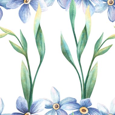 Çiçeksiz bahar çiçeği deseni. Yeşil yapraklı mavi değil mavi çiçekler. Botanik dalların elle boyanmış suluboya çizimi. Eski kumaşlar için ideal, romantik bir geçmiş..