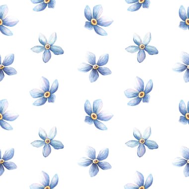 Mavi çiçekler, dikişsiz desenli, suluboya olmayan, zarif, romantik, aydınlık, klasik çizimler. Çiçek kumaşları, botanik tekstil, doğal arka plan, mevsimlik duvar kağıtları için mükemmel..
