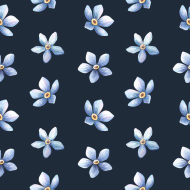 Koyu mavi, unutma beni çiçekleri dikişsiz desenli, çivit arkaplanda sulu boya deseni. Kumaşlar için şık botanik baskılar, ev tekstili, mevsimlik ambalajlar, doğal duvar kağıtları.