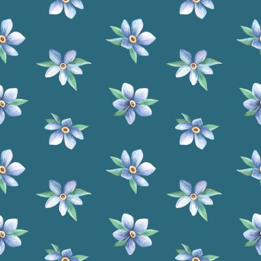 Romantik mavi unutma beni çiçekleri pürüzsüz desen. Çiçekler, yapraklar bahar kumaşları, botanik tekstil, doğal arkaplan, mevsimlik duvar kağıtları için mükemmel.