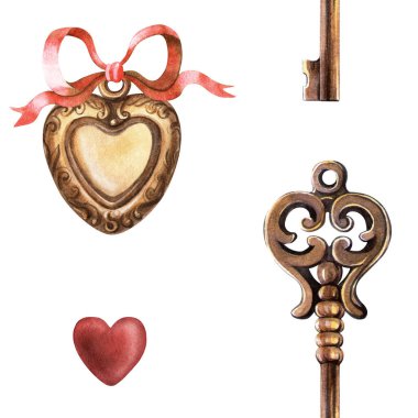 Kaliteli, kusursuz desenli, altın kalp madalyonu kırmızı yay, eski anahtar ve kırmızı kalp. Romantik retro sevgililer günü suluboya dokusu. Paketleme, kumaş, duvar kağıdı, tekstil için ideal..
