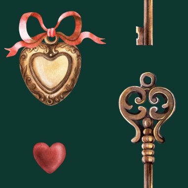 Zümrüt retro pürüzsüz desen - altın kalp kolye kırmızı yay, eski anahtar ve kırmızı kalp Eski sevgililer günü suluboya kara doku sarma, kumaş, duvar kağıdı, tekstil için idealdir