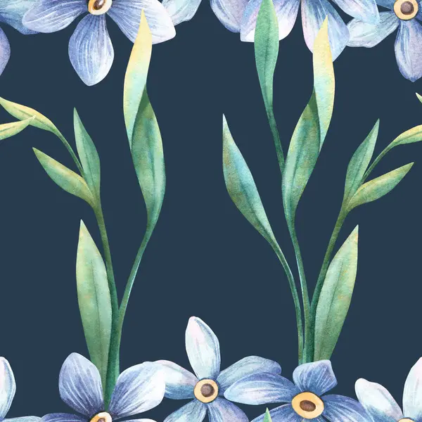 Çiçeksiz gece bahçesi deseni - Unutma-beni-çiçekleri, koyu mavi arka plan, elle boyanmış suluboya botanik doku kadınsı kumaş, romantik düzenleme, güzel baskı