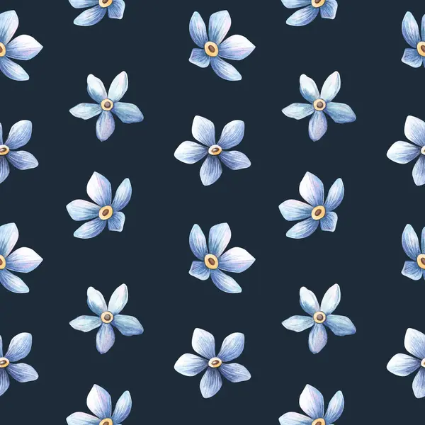 Koyu mavi, unutma beni çiçekleri dikişsiz desenli, çivit arkaplanda sulu boya deseni. Kumaşlar için şık botanik baskılar, ev tekstili, mevsimlik ambalajlar, doğal duvar kağıtları.