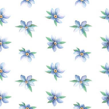 Mavi çiçekler, dikişsiz desenli, suluboya olmayan, zarif, romantik, aydınlık, klasik çizimler. Çiçek kumaşları, botanik tekstil, doğal arka plan, mevsimlik duvar kağıtları için mükemmel..