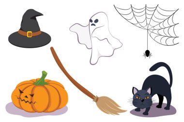 Cadılar Bayramı takımı. Element tasarımı, hayalet, balkabağı, kedi, örümcek ve cadı şapkası. Beyaz arkaplanda çizgi film karakterleri.