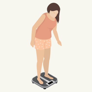 Endişeli kadın sabah kilosunu kontrol ediyor. Terazide duran pijamalı bir kız. Isometric illüstrasyon, yüzü olmayan basit tasarım.