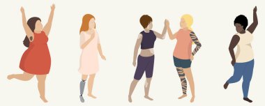 Vücut pozitifliği ve kendini kabullenme tarzında bir resim. Farklı yaşlardaki kadınlar, ten renkleri, etnik gruplar ve vücut tipleri.