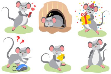 Çeşitli aksiyon pozlarında şirin bir fare. Vektör çizgi film komik kümesi