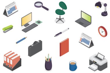 Takvim, yazıcı, saat, sandalye, bardak, kalem, lamba, büyüteç, zımba, klasörler, kalem, bilgisayar, dizüstü bilgisayar ve çanta dahil 3D ofis simgesi seti. Vektör izometrik illüstrasyon.