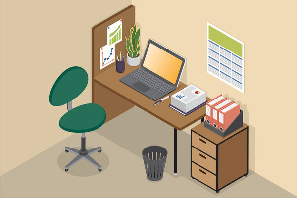 Oficina Trabajo Mesa Silla Portátil Armario Vista Isométrica — Vector de stock
