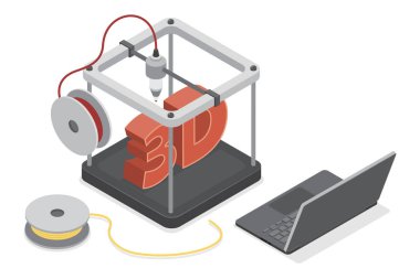 3D yazıcı ve laptop. Hacimli bir nesne yapıyorum. Yenilikçi teknoloji ve yazılım. Beyaz arkaplanda vektör izometrik illüstrasyon.