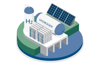Güneş enerjisi üreten hidrojen üretimi. H2 enerji santrali. 3d izometrik vektör çizimi