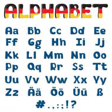 Das Alfabesi. Alman ABC yazı tipi seti. Beyaz arka planda izole edilmiş Alman harfleri posteri. Alman bayrağı.