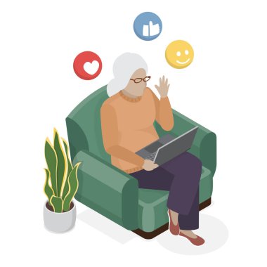 Modern mutlu büyükanne çevrimiçi iletişim kuruyor. Video çağrısı konsepti. İzometrik vektör illüstrasyonu