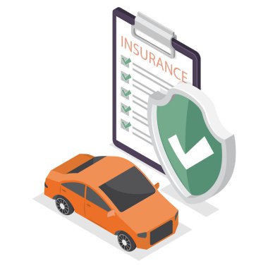 Sigorta poliçesi konsepti. Rozetli ve arabalı belge raporu. İzometrik biçimde vektör illüstrasyonu