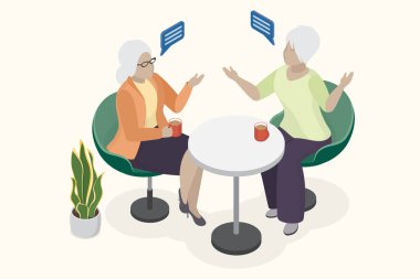 İki eski dost kafede sohbet ediyorlar. Yaşlı kadınlar çay ya da kahve içerek son haberleri tartışıyor. Isometric düz vektör çizimi