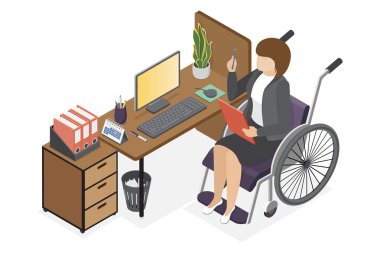 Ofiste bilgisayar ve belgelerle çalışan bir kadın. Kadın tekerlekli sandalye kullanıyor. Fiziksel engellilik ve toplum. Vektör düz izometrik çizim