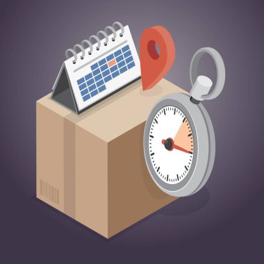 Kutusu, takvimi ve kronometresi olan lojistik simgesi. Vektör düz izometrik çizim.