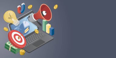 Reklam kampanyası, analitik, halkla ilişkiler, blog 'lar, afişler ve web sayfaları için ürün tanıtım konsepti. İçerideki metnin için şablon. Koyu arkaplanda 3d düz izometrik vektör çizimi.