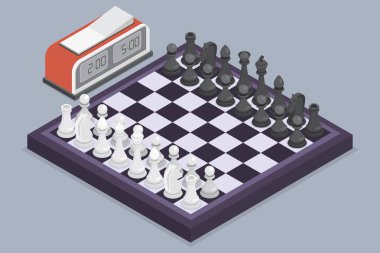 Rakamlarla ve kronometreyle satranç tahtası. Satranç turnuvası veya şampiyonluk konsepti. Gri arkaplanda 3d düz izometrik vektör çizimi.
