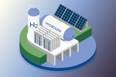 Yeşil hidrojen enerji üretim tesisi. Elektroliz silindirleri, boru hattı inşaatı, güneş panelleri. 3d düz izometrik vektör çizimi.