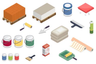 Bir ev inşa etmek ve yenilemek için gerekli malzemeler ve aletler. İnşaat karışımları, dolgu macunu, boya, fayanslar, duvarlar ve tavanlar için kağıtlar. Beyaz zemin üzerinde 3d izometrik düz vektör çizimi