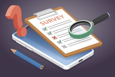 Cep telefonlu kontrol listesi, telefonda oy formu, geri bildirim, anket, anket, belgede seçim işaretleri. İzometrik vektör illüstrasyonu.