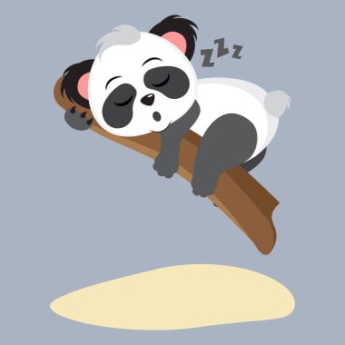 Tatlı çizgi film hayvan panda dalda uyuyor. Düz vektör çizimi gri arkaplanda izole edildi.