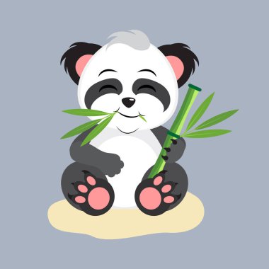 Bambu yiyen sevimli çizgi film hayvan panda. Düz vektör çizimi gri arkaplanda izole edildi.