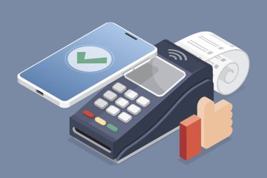 Bağlantısız POS terminal ödemesinin 3D izometrik vektör çizimi. Telefon ve fatura makbuzu. Telefon ödeme kavramı.