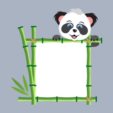 Bambu çerçeveli şirin çizgi film hayvan panda. Kopya alanı için boş tahta. Düz vektör çizimi gri arkaplanda izole edildi.
