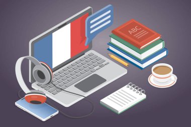 Fransızca dersleri. Online dil kursları konsepti. İnternet dersi, e-öğrenme, uzaktan eğitim, uzak okul, üniversite. 3d düz izometrik vektör çizimi.