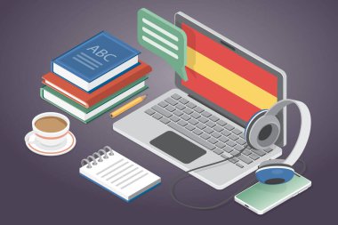İspanyolca dersleri. Online dil kursları konsepti. İnternet dersi, e-öğrenme, uzaktan eğitim, uzak okul, üniversite. 3d düz izometrik vektör çizimi.